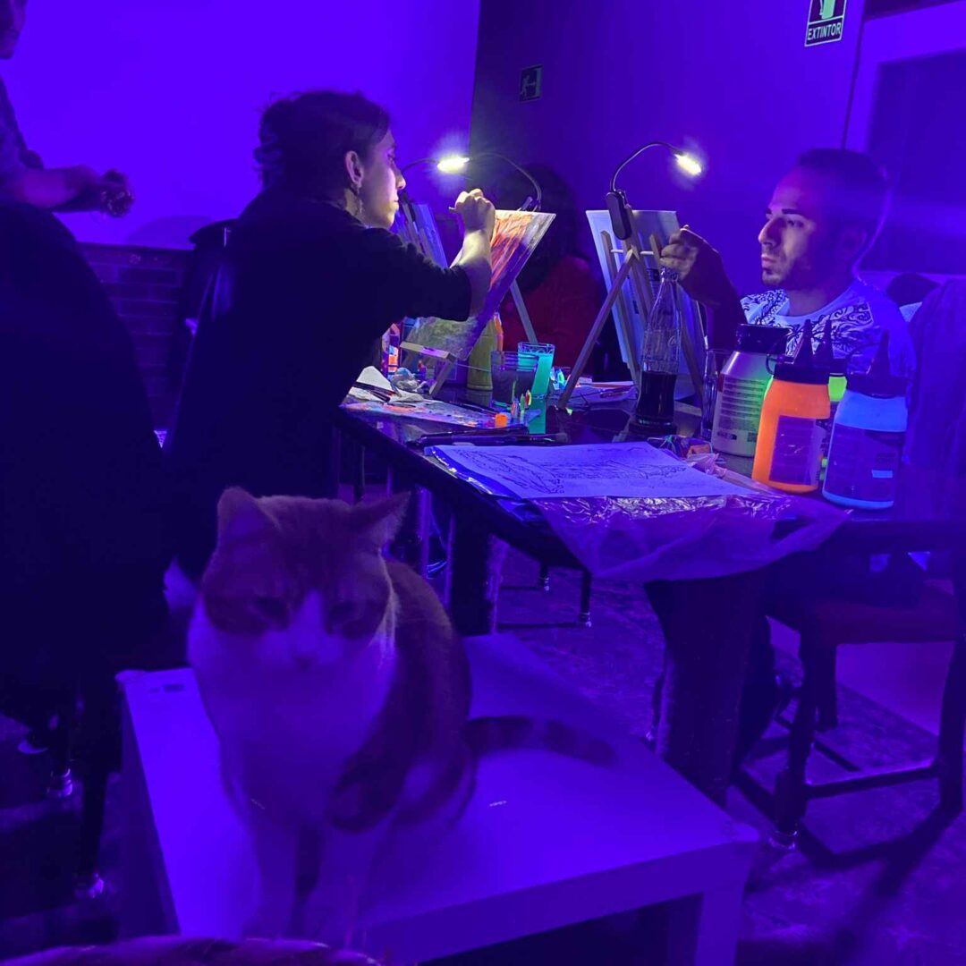 Grupo pintando con pintura neón rodeado de gatos